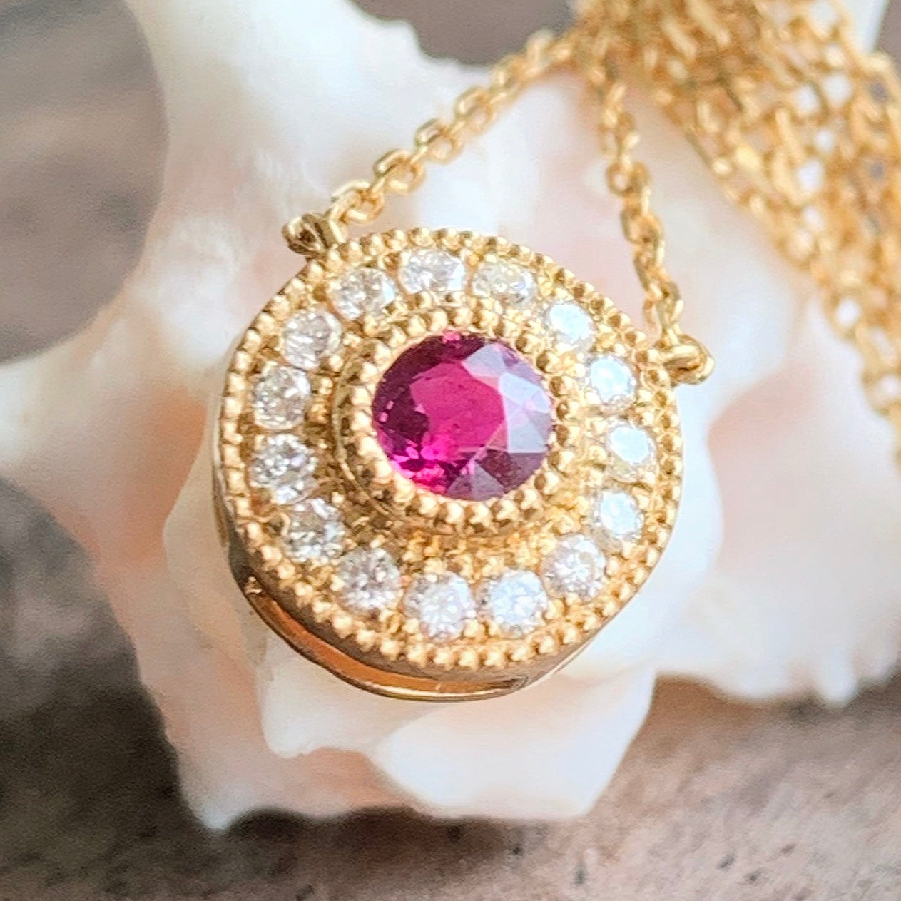 Ruby Halo Gold Necklace